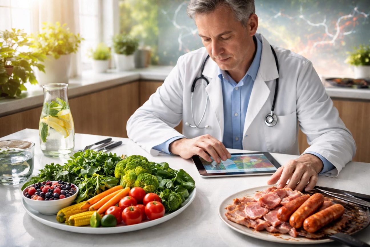Table avec aliments variés (viandes, légumes, fruits, produits laitiers) et symboles de prévention santé illustrant les principes de nutrition équilibrée et de prévention du cancer.