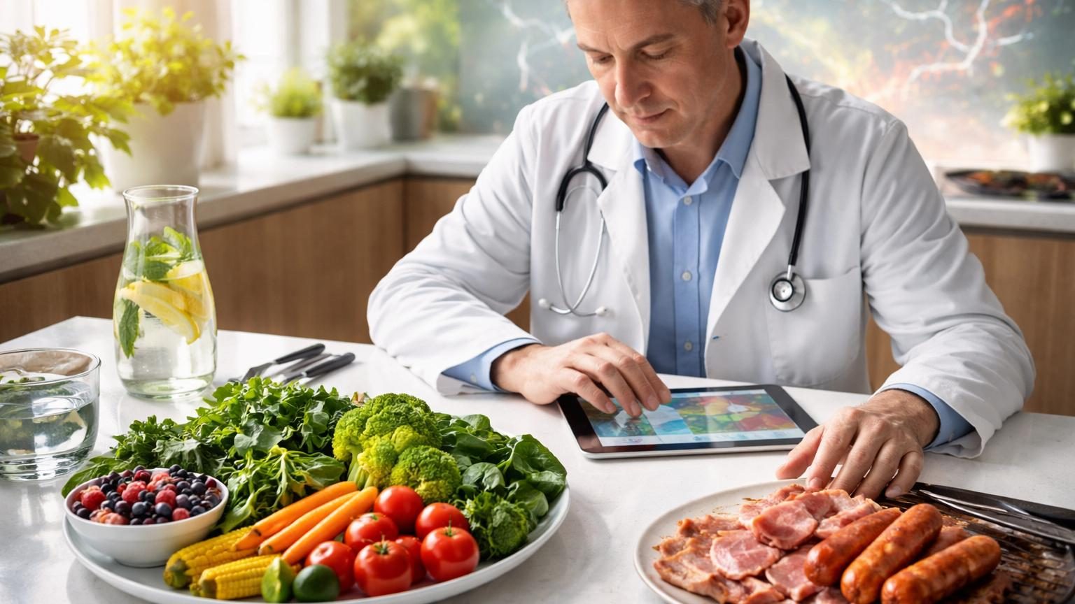 Table avec aliments variés (viandes, légumes, fruits, produits laitiers) et symboles de prévention santé illustrant les principes de nutrition équilibrée et de prévention du cancer.