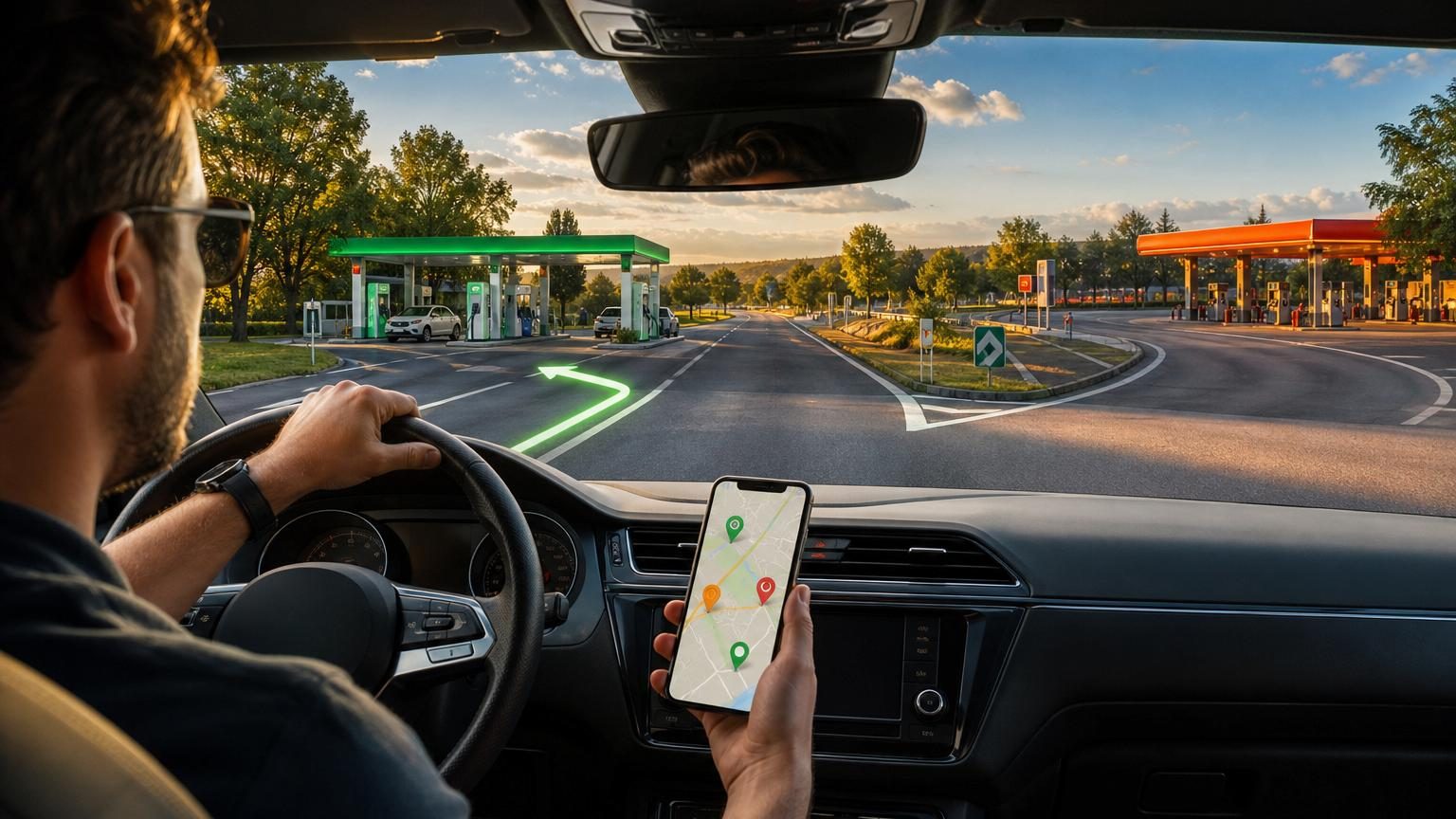 Écran de smartphone affichant une application de comparaison de prix de carburant avec un itinéraire routier et des marqueurs colorés indiquant les stations-service disponibles.
