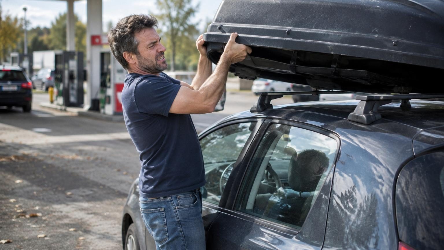Gros plan sur le toit d'une voiture avec une galerie vide et une boule d'attelage, symboles des accessoires à enlever pour réduire la consommation