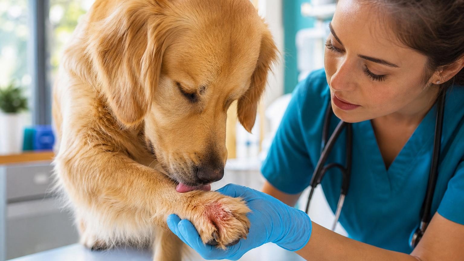 Gros plan sur la patte d'un chien en cours de léchage intensif, montrant une zone irritée entre les doigts