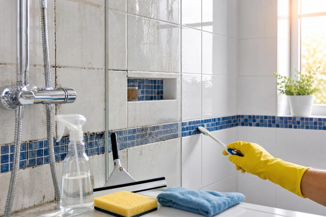 Carrelage blanc de salle de bain en cours de nettoyage avec une brosse et une raclette, joints en gros plan, gouttes d'eau et produits ménagers sur le plan de travail.