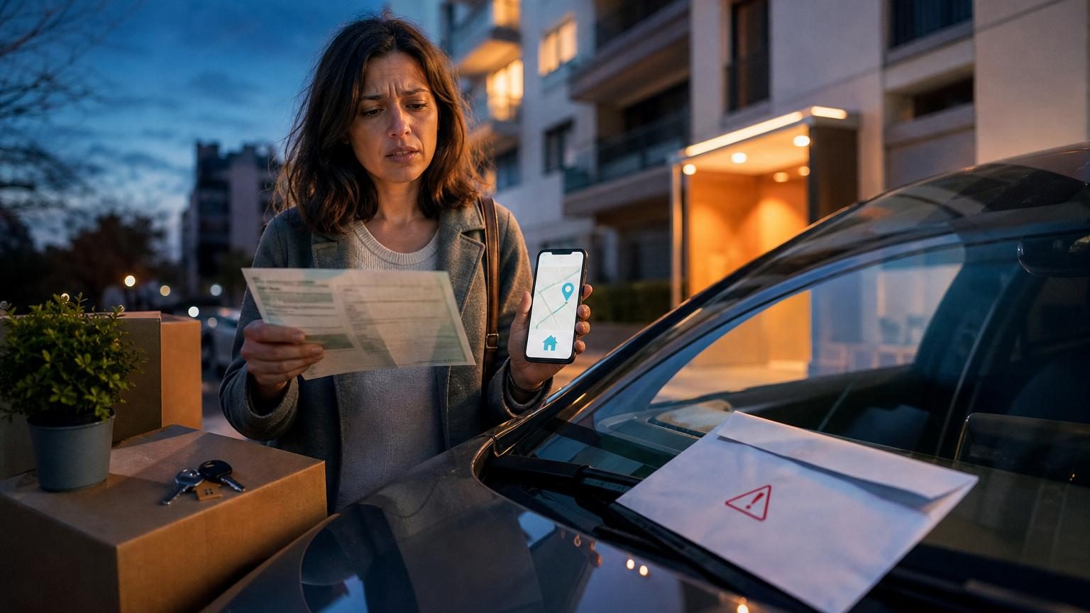 Une femme en bas d'un immeuble cherche un justificatif de domicile sur son téléphone après un déménagement
