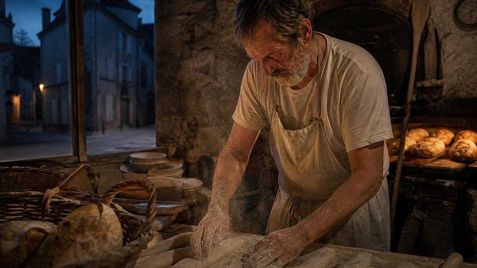 Un boulanger en tablier blanc travaille dans son fournil éclairé au néon très tôt le matin, pétrissant la pâte à pain tandis que le four ronfle en arrière-plan et que l'odeur du levain chaud se propage.