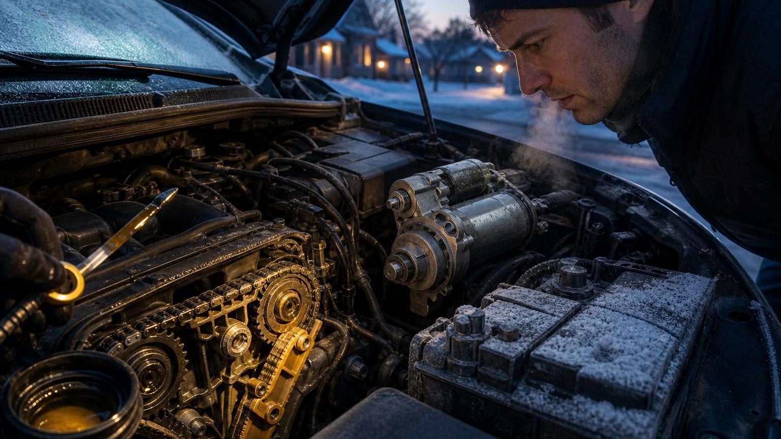 Moteur de voiture en gros plan montrant les composants internes, avec focus sur la chaîne de distribution et les poussoirs hydrauliques du haut moteur