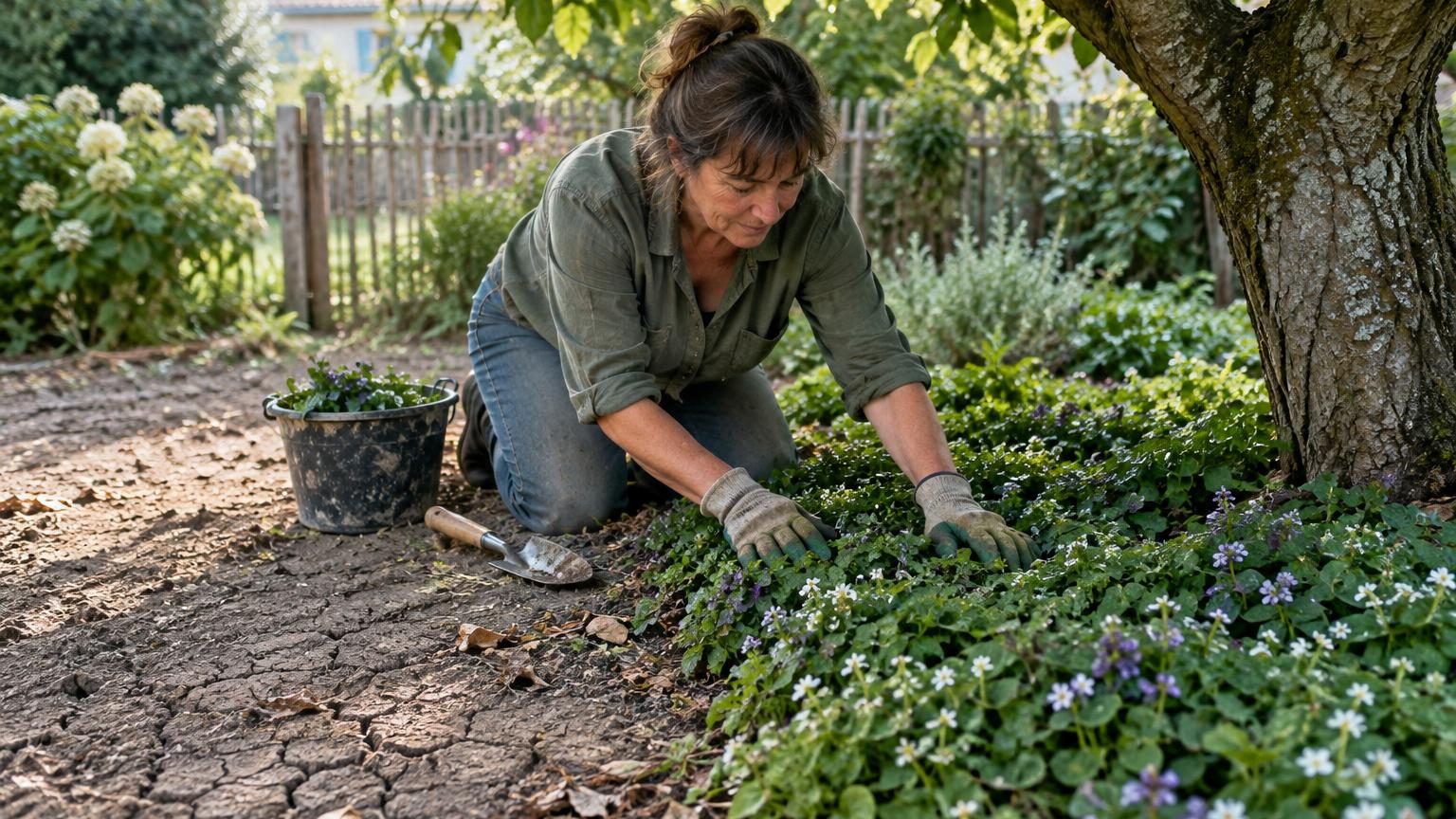 Détail d'un tapis dense d'épimédium aux petites feuilles persistantes vert et rougeâtre, parsemé de délicates fleurs blanches et jaunes, sous l'ombre d'un grand arbre dont les racines affleurent à la surface du sol.