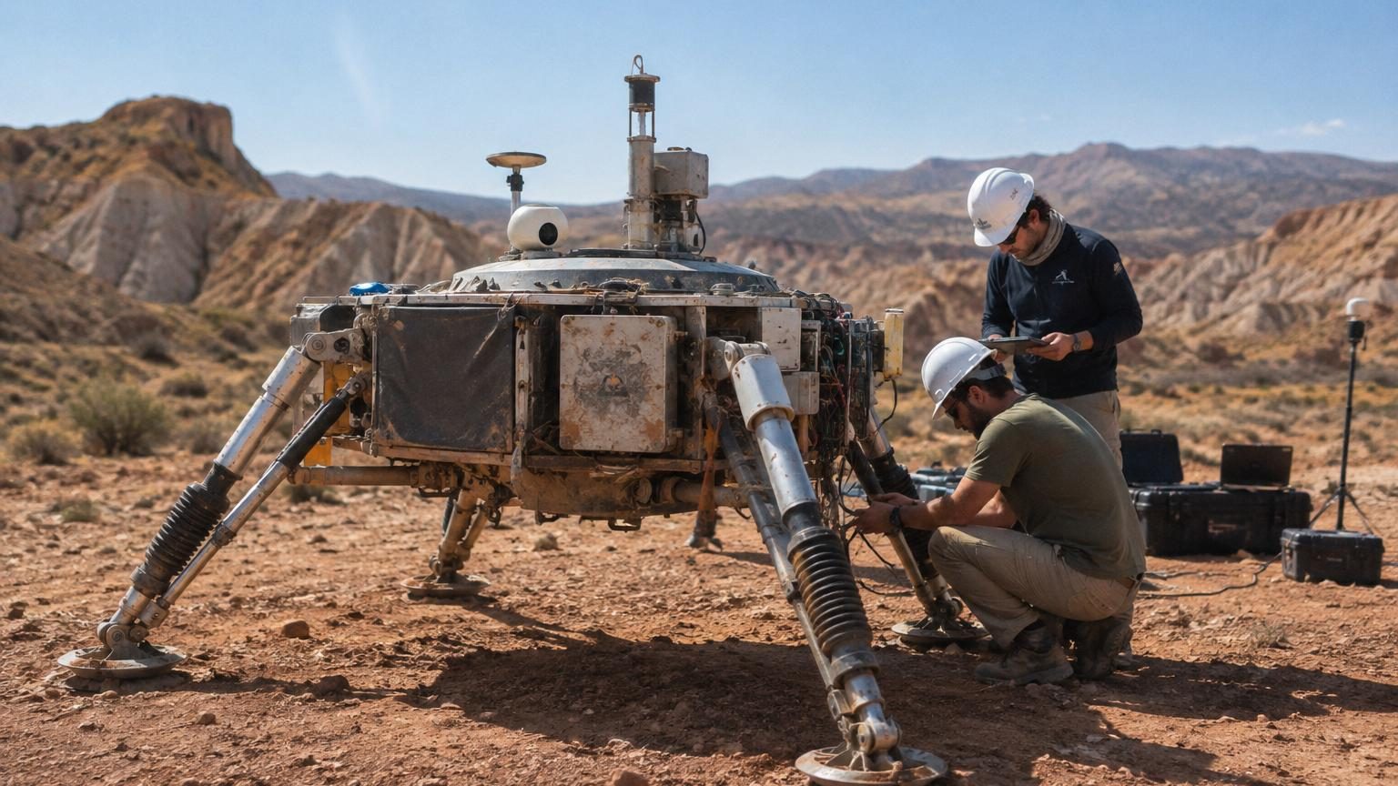 Plateforme martienne équipée de quatre pattes articulées métalliques repliées, posée sur un terrain désertique rocheux et accidenté ressemblant au paysage de Mars