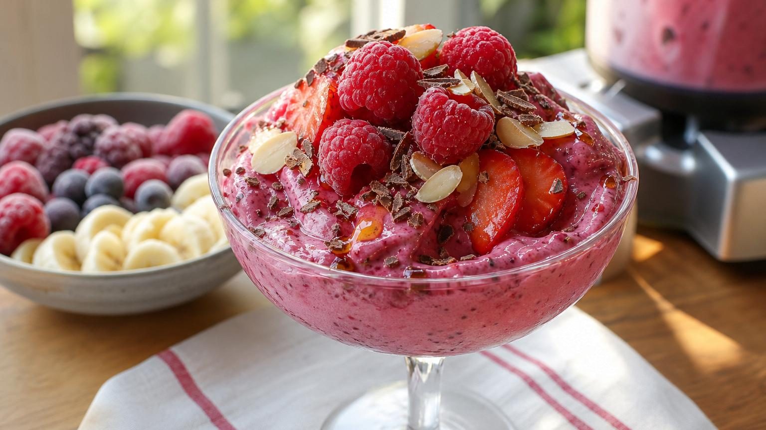Une coupe de dessert glacé rose parsemée de fruits rouges, avec une texture crémeuse et légère, garnie de toppings gourmands.