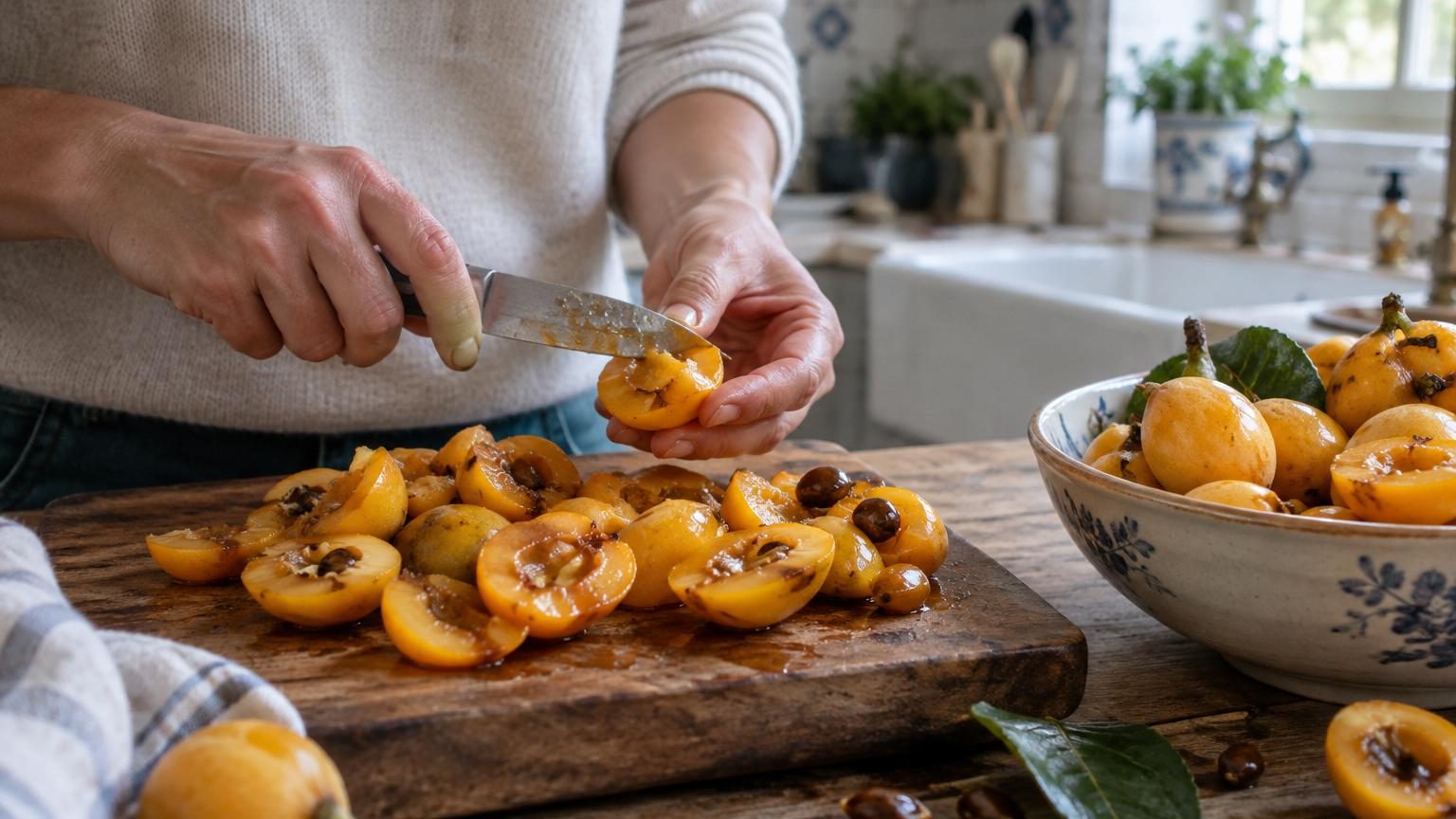 Fruit tropical jaune doré de forme ronde, coupé en deux pour révéler sa pulpe dense et crémeuse de couleur jaune œuf, posé sur une surface claire avec des feuilles tropicales en arrière-plan.