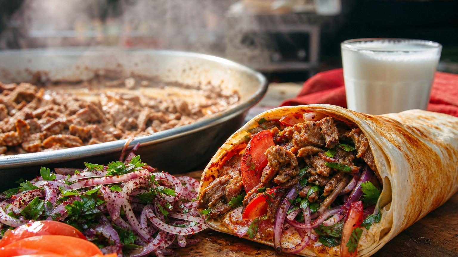 Gros plan sur un tantuni turc roulé, montrant la viande finement émincée, les oignons rouges et le persil frais débordant du pain plat souple brun doré.