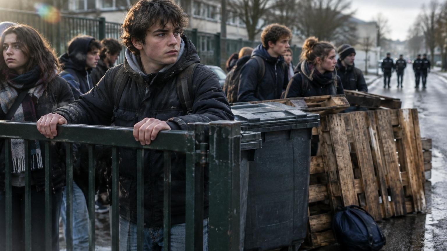 Lycéens rassemblés devant un établissement scolaire, certains tenant des pancartes, avec des forces de l'ordre en arrière-plan pendant une journée de mobilisation nationale