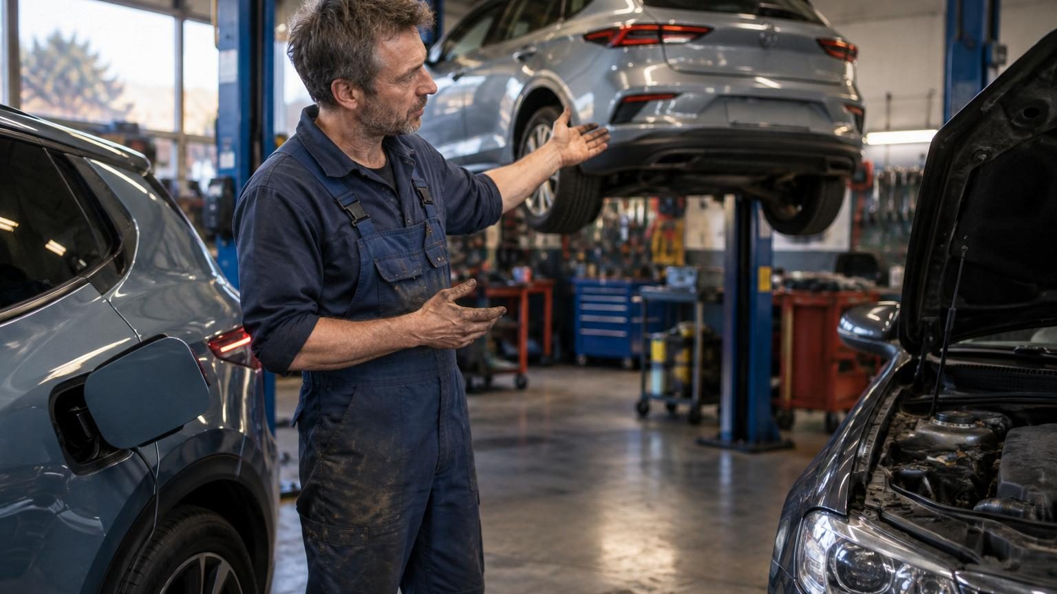 Mécanicien inspectant le moteur d'une voiture hybride rechargeable dans un garage, symbolisant l'expertise automobile face aux choix technologiques modernes.