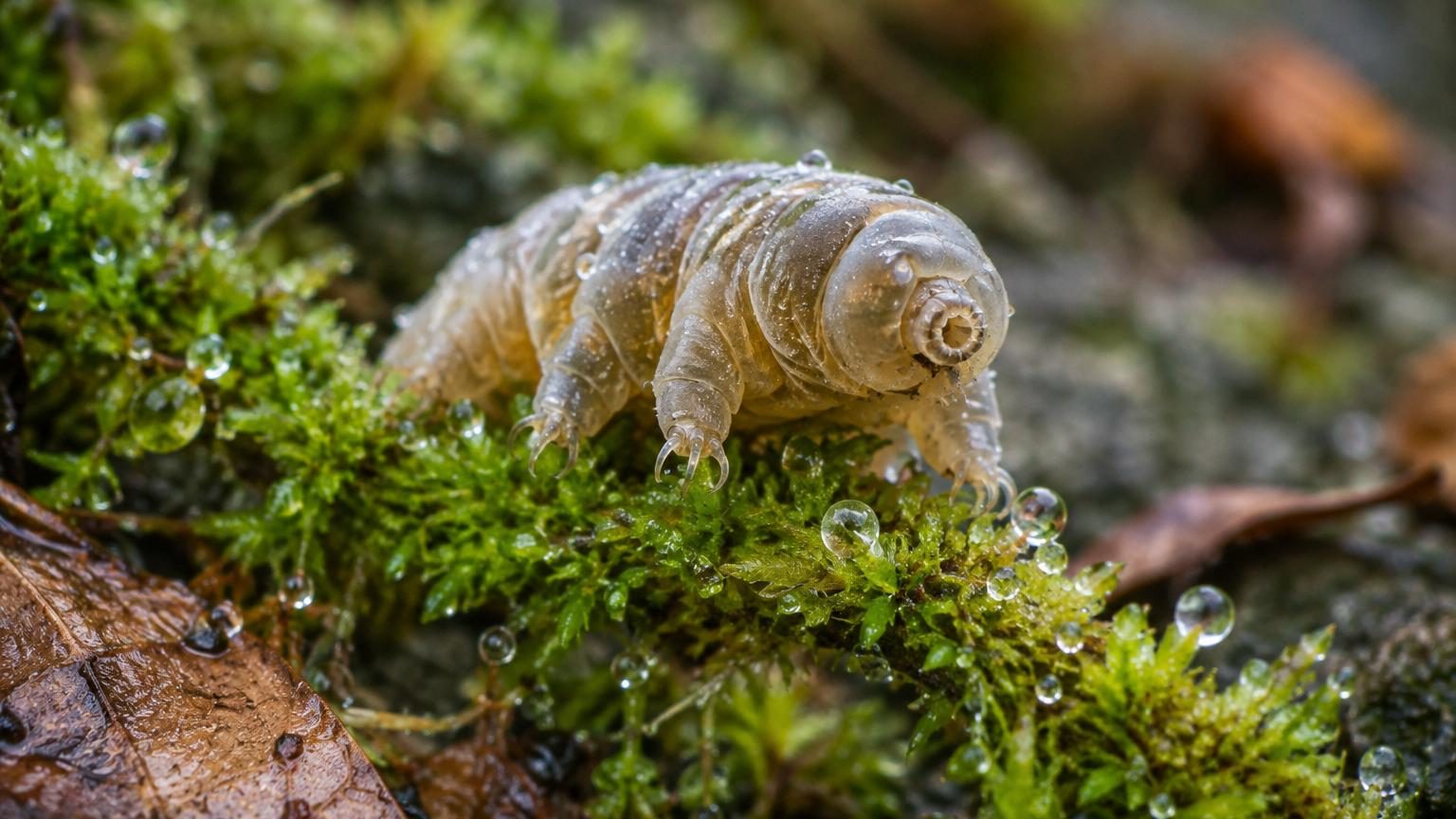 Vue microscopique d'un rotifère bdelloïde dans une goutte d'eau parmi les mousses et débris organiques, illustrant son habitat naturel humide.