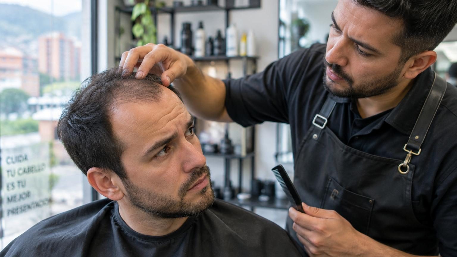 Portrait d'un barbier aux mains expertes appliquant un produit capillaire adapté sur les cheveux d'un client dans un salon spécialisé.
