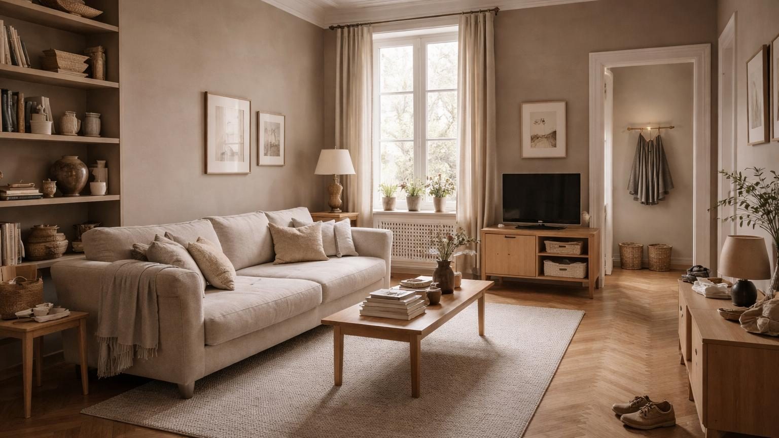 Pièce lumineuse aux murs greige chaud, canapé beige clair, parquet naturel clair, créant une ambiance épurée et harmonieuse sans contraste visuel marqué.