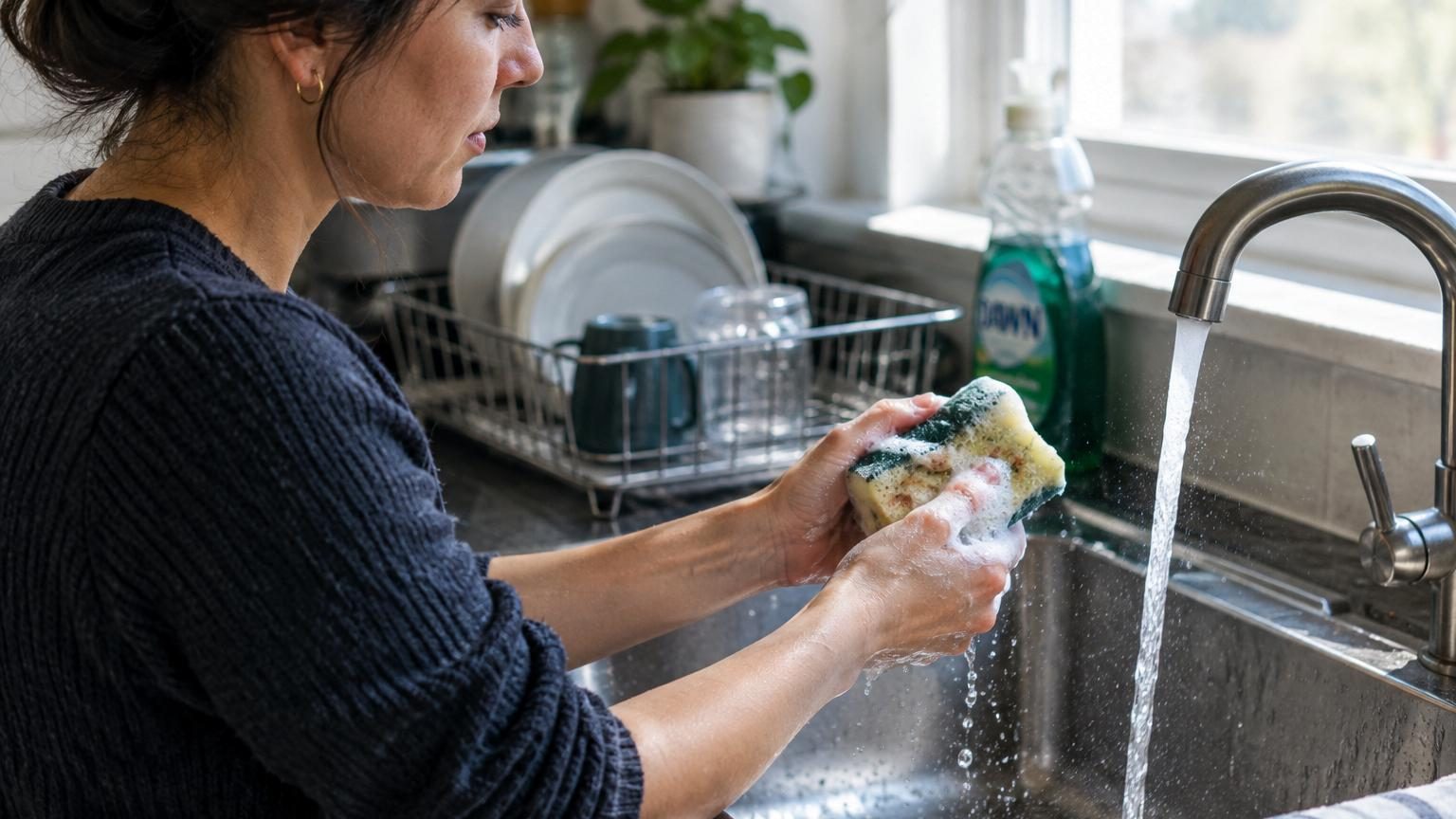 Gros plan d'une éponge jaune de cuisine humide avec des pores visibles et des résidus alimentaires, symbole de la prolifération bactérienne.