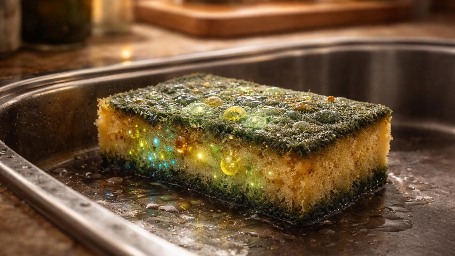 Gros plan d'une éponge de cuisine jaune et bleue saturée d'eau, montrant sa structure poreuse et ses résidus alimentaires, symbolisant un foyer de prolifération bactérienne.