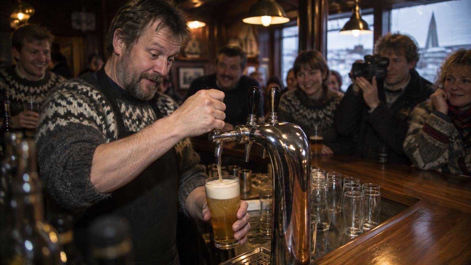 Chope de bière dorée mousseuse en gros plan sur fond bleu avec symbole d'interdiction superposé, évoquant l'interdiction historique en Islande