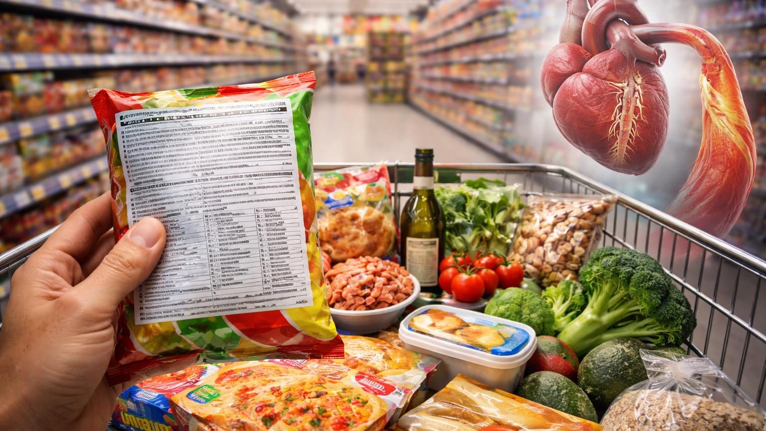 Rayons de supermarché avec boîtes de biscuits, viennoiseries et produits transformés contenant potentiellement des graisses trans industrielles.