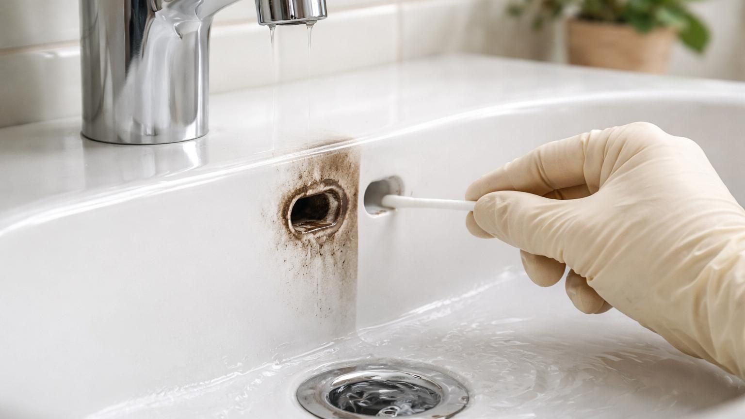 Gros plan sur le trou de trop-plein discret à l'arrière d'un lavabo blanc de salle de bains