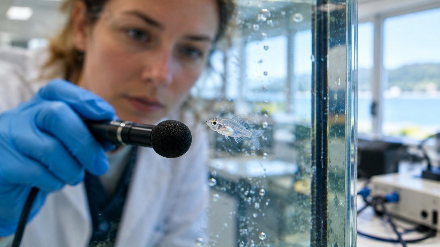 Minuscule poisson translucide translucide vue au microscope, avec des détails anatomiques visibles montrant sa structure interne et sa taille microscopique comparée à une échelle de référence.