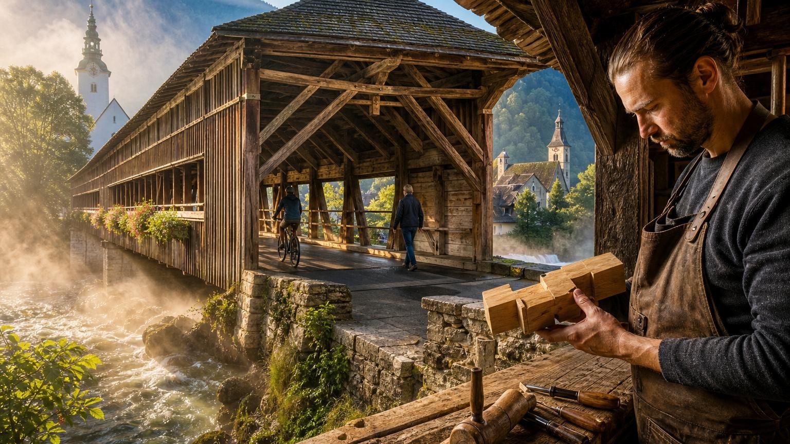 Gros plan sur les poutres sombres et les assemblages visibles d'un pont couvert en bois du XIXe siècle, montrant les diagonales de treillis et les chevilles traditionnelles, avec la rivière en arrière-plan