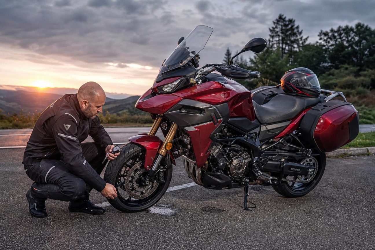 Motard aguerri inspectant sa moto de manière méthodique avant le départ, vérifiant les pneus et l'état mécanique de la machine.