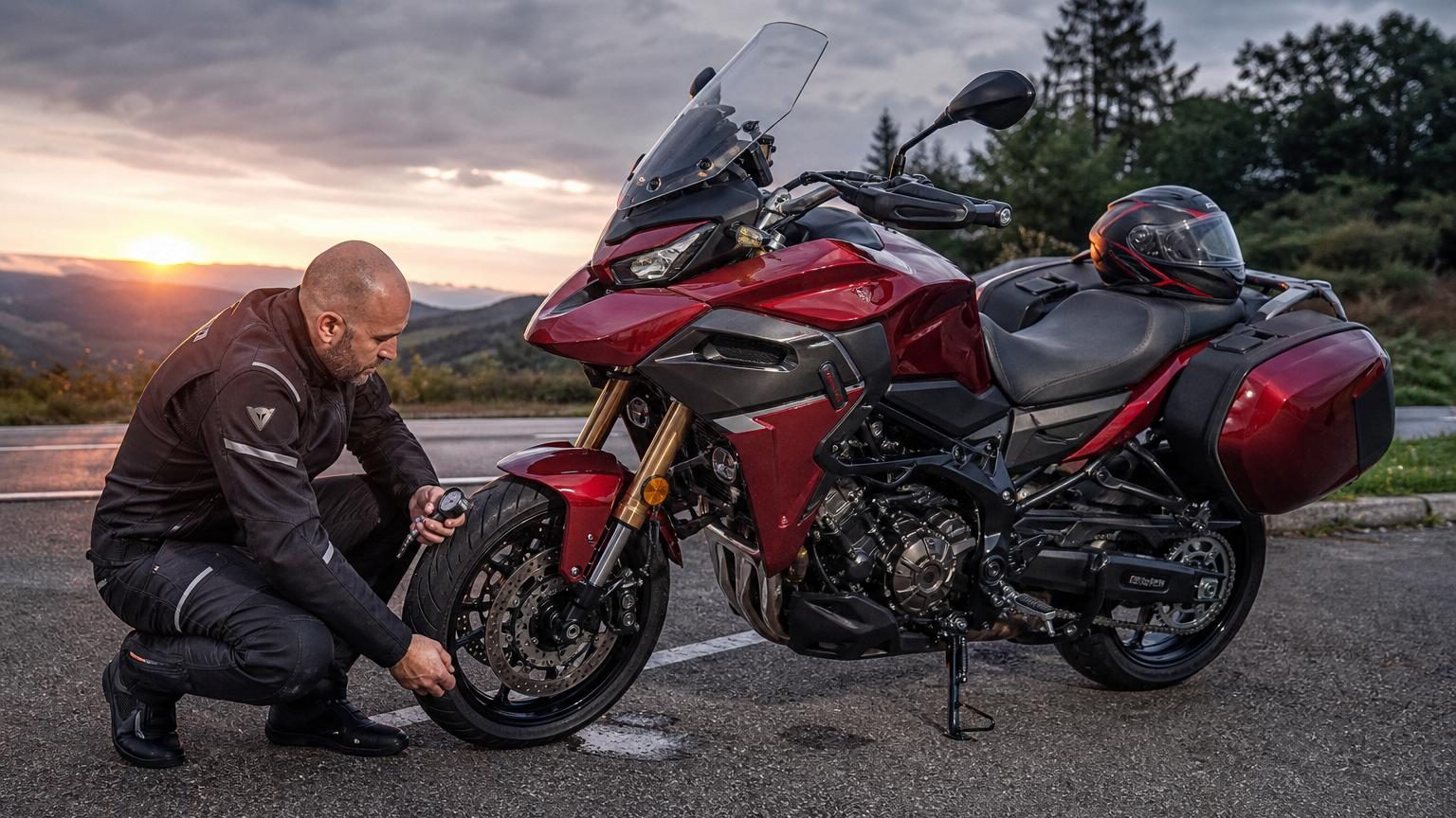 Motard aguerri inspectant sa moto de manière méthodique avant le départ, vérifiant les pneus et l'état mécanique de la machine.