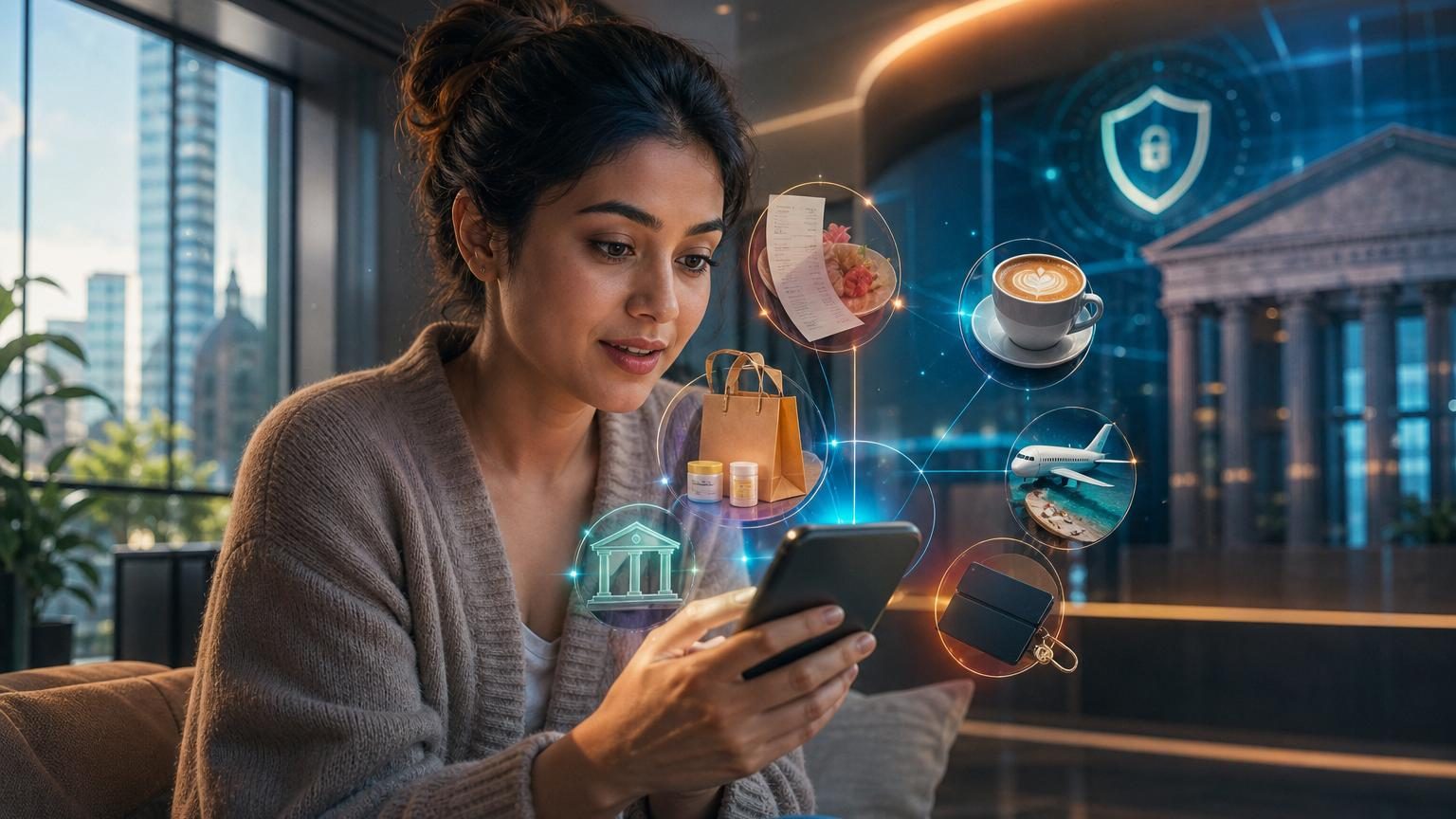Écran de téléphone affichant une application bancaire avec catégories de dépenses détaillées, illustrant la visibilité des données personnelles par les banques.