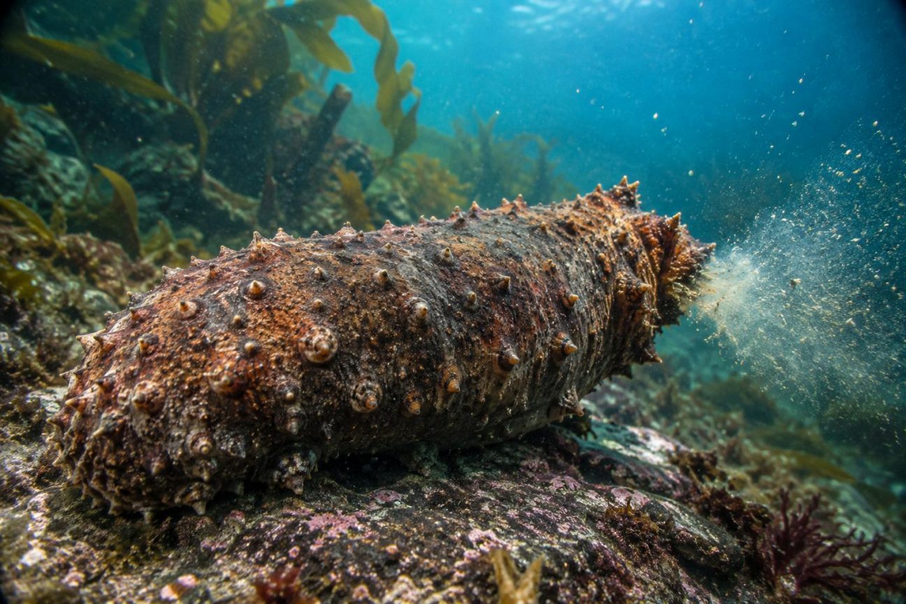 Concombre de mer géant de Californie avec ses tentacules oraux en avant et son anus bombé à l'arrière, filtrant activement l'eau du Pacifique Nord.