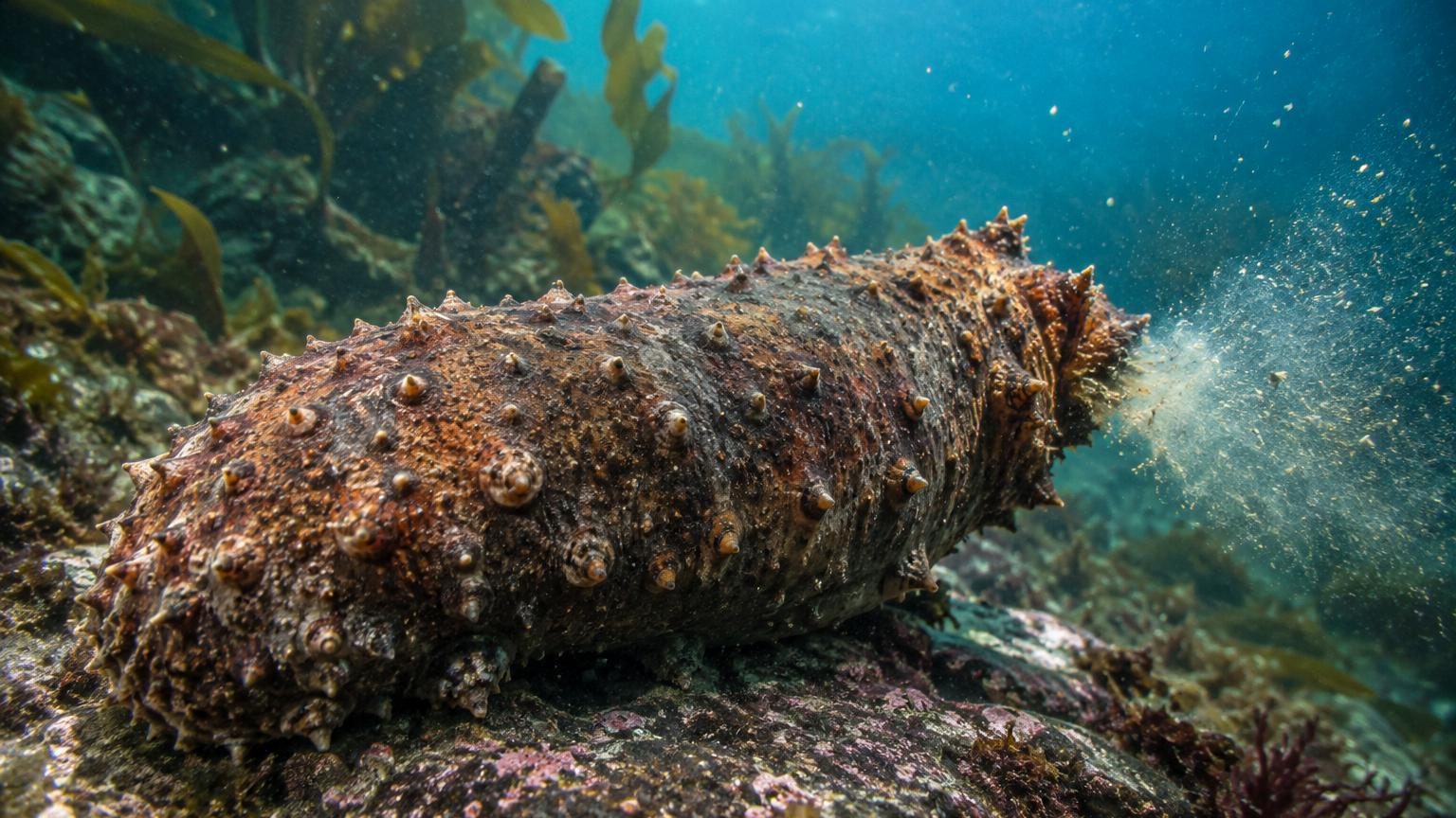 Concombre de mer géant de Californie avec ses tentacules oraux en avant et son anus bombé à l'arrière, filtrant activement l'eau du Pacifique Nord.
