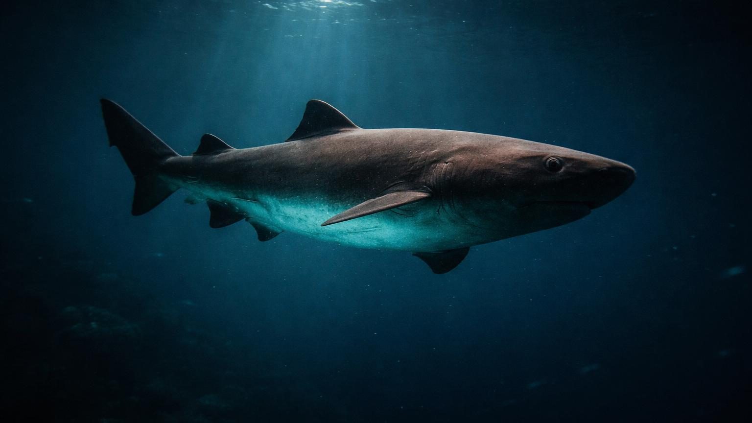 Silhouette d'un grand requin aux teintes brunes luisant d'une lumière bleu-vert diffuse dans l'obscurité totale des abysses océaniques