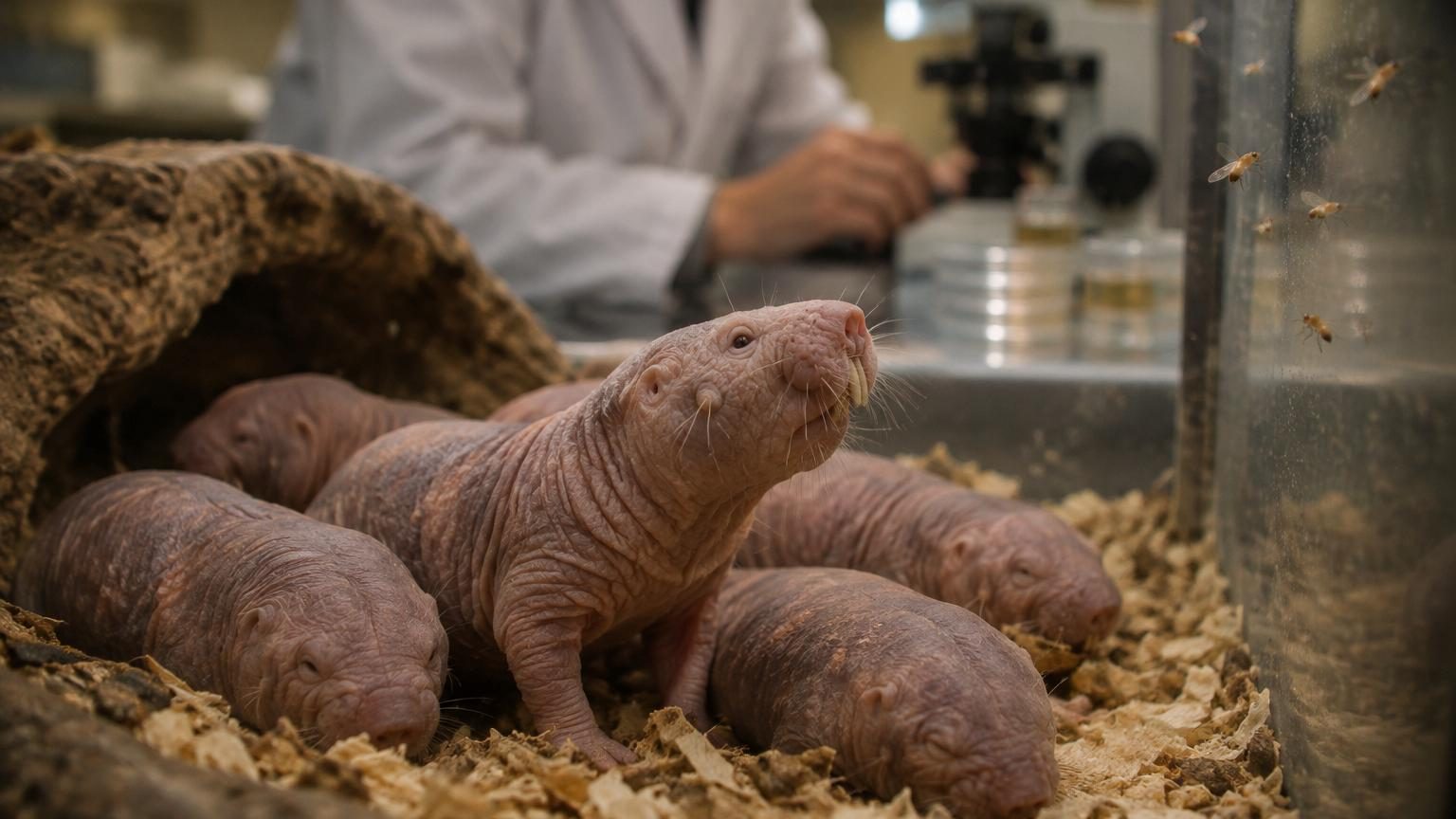 Illustration scientifique montrant une double hélice d'ADN avec des mutations génétiques mises en évidence, entourée de représentations symboliques d'un rat-taupe nu, d'une mouche du vinaigre et d'une souris de laboratoire.