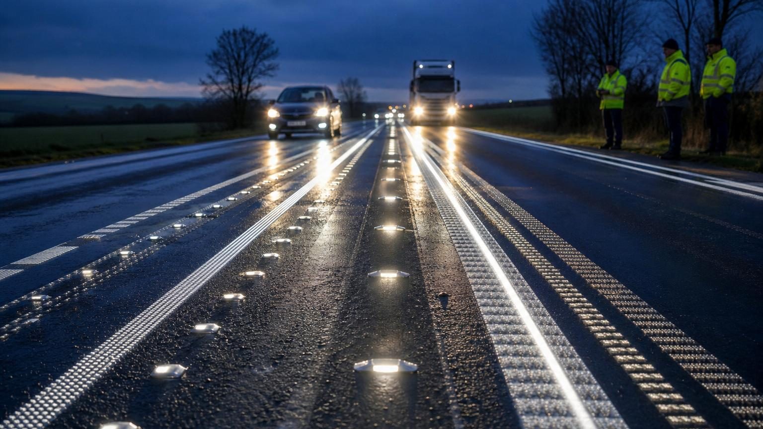Un tronçon de route nationale droite avec des marquages au sol blancs visibles sous le trafic de poids lourds et de voitures, illustrant un laboratoire routier.