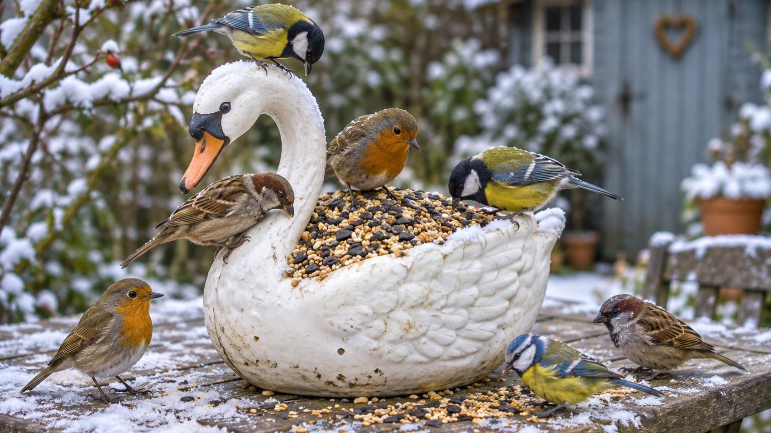 Un vase en céramique en forme de cygne rempli de graines posé sur un rebord extérieur, avec une mésange charbonnière perchée sur son cou et d'autres oiseaux autour, dans un jardin hivernal aux massifs nus.