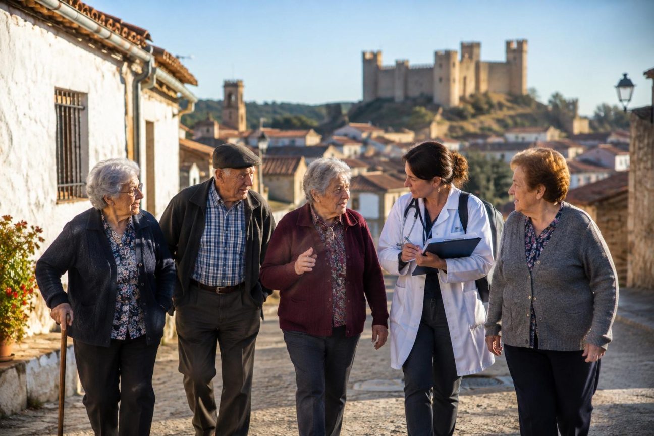 Village de montagne en Castille-et-León avec une architecture médiévale, bâtiments de pierre et paysage rural vallonné où vivent 1 011 habitants présentant une faible incidence d'Alzheimer.
