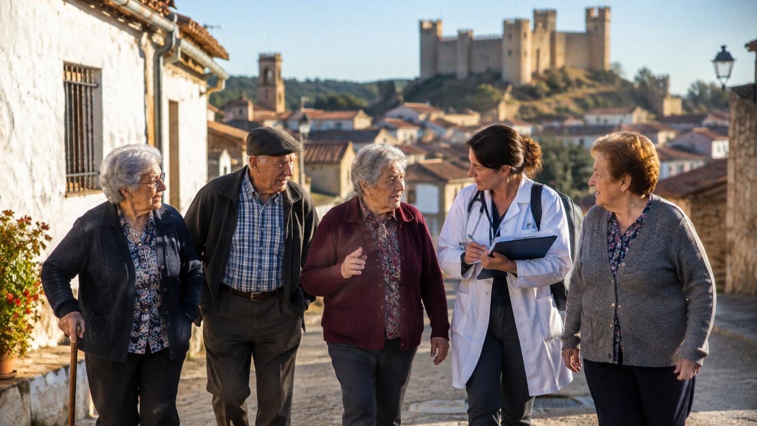Village de montagne en Castille-et-León avec une architecture médiévale, bâtiments de pierre et paysage rural vallonné où vivent 1 011 habitants présentant une faible incidence d'Alzheimer.