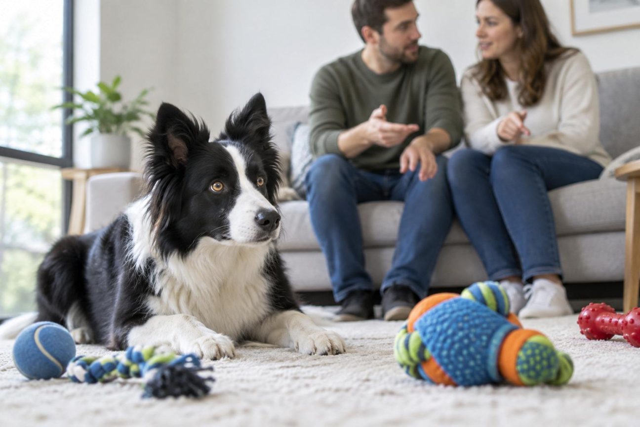 Un chien attentif écoute deux personnes qui se passent un jouet en le nommant à voix haute dans un salon, sans interagir directement avec l'animal.