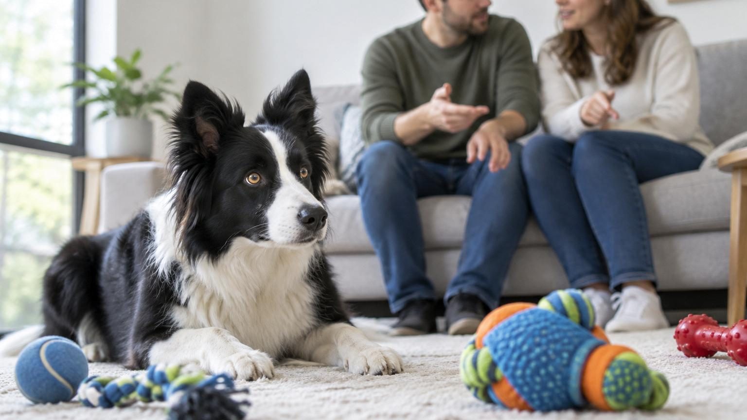 Un chien attentif écoute deux personnes qui se passent un jouet en le nommant à voix haute dans un salon, sans interagir directement avec l'animal.