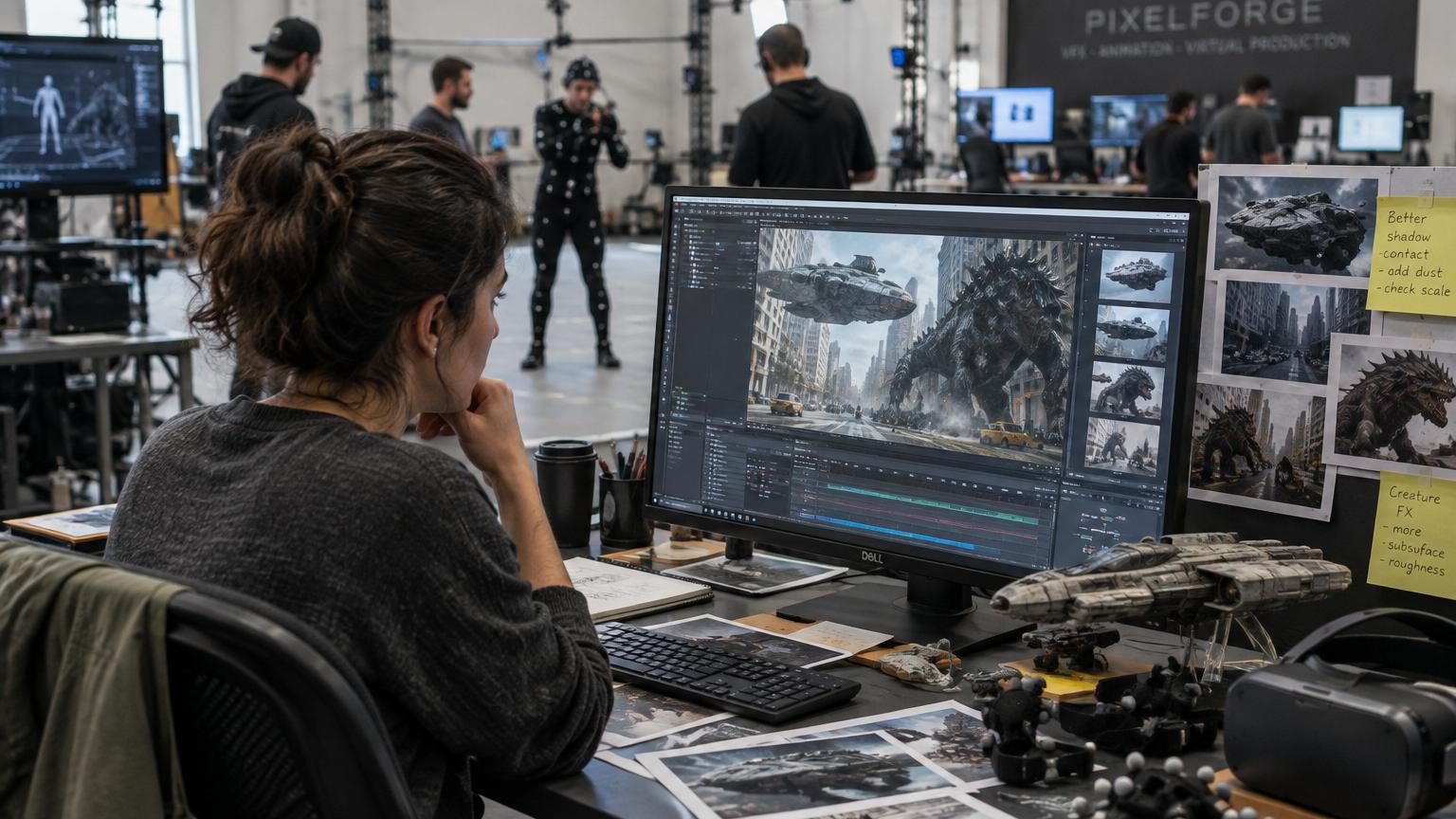 Montage graphique montrant des vaisseaux spatiaux futuristes, des dinosaures numériques, des acteurs en costume bleu Pandora, des balles en suspension et des jouets animés, illustrant les innovations technologiques majeures du cinéma hollywoodien.
