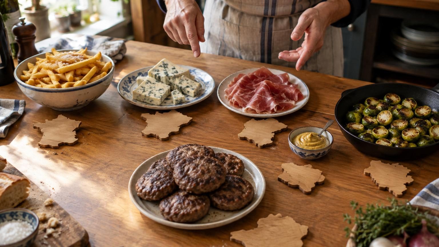 Illustration montrant six aliments courants : fromage cheddar, haricots de Lima, biscuit Fig Newton, piment jalapeño, salade Waldorf et escalope wiener schnitzel, chacun avec une étiquette géographique rappelant son lieu d'origine.