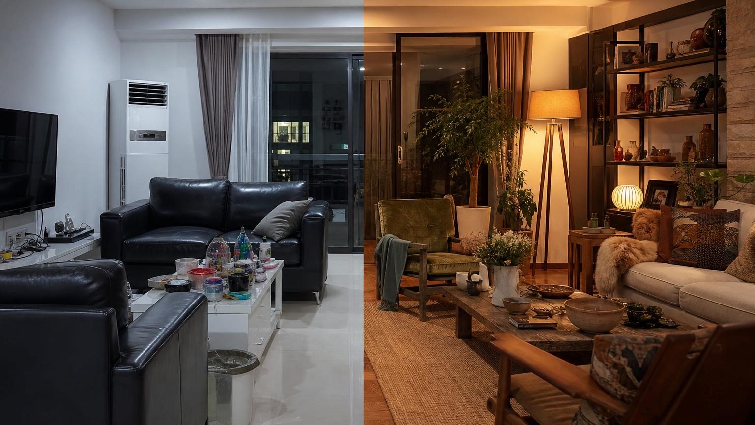 Intérieur lumineux et épuré avec mobilier varié, textures naturelles et éléments décoratifs significatifs créant une atmosphère personnalisée et chaleureuse.