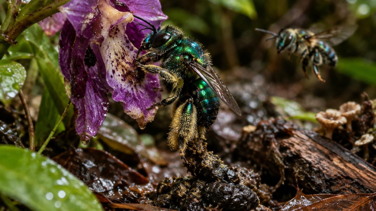 Gros plan d'une abeille à orchidées verte avec ses antennes sensorielles, montrant les pattes creuses où elle stocke les molécules odorantes collectées, sur un fond de fleurs tropicales.