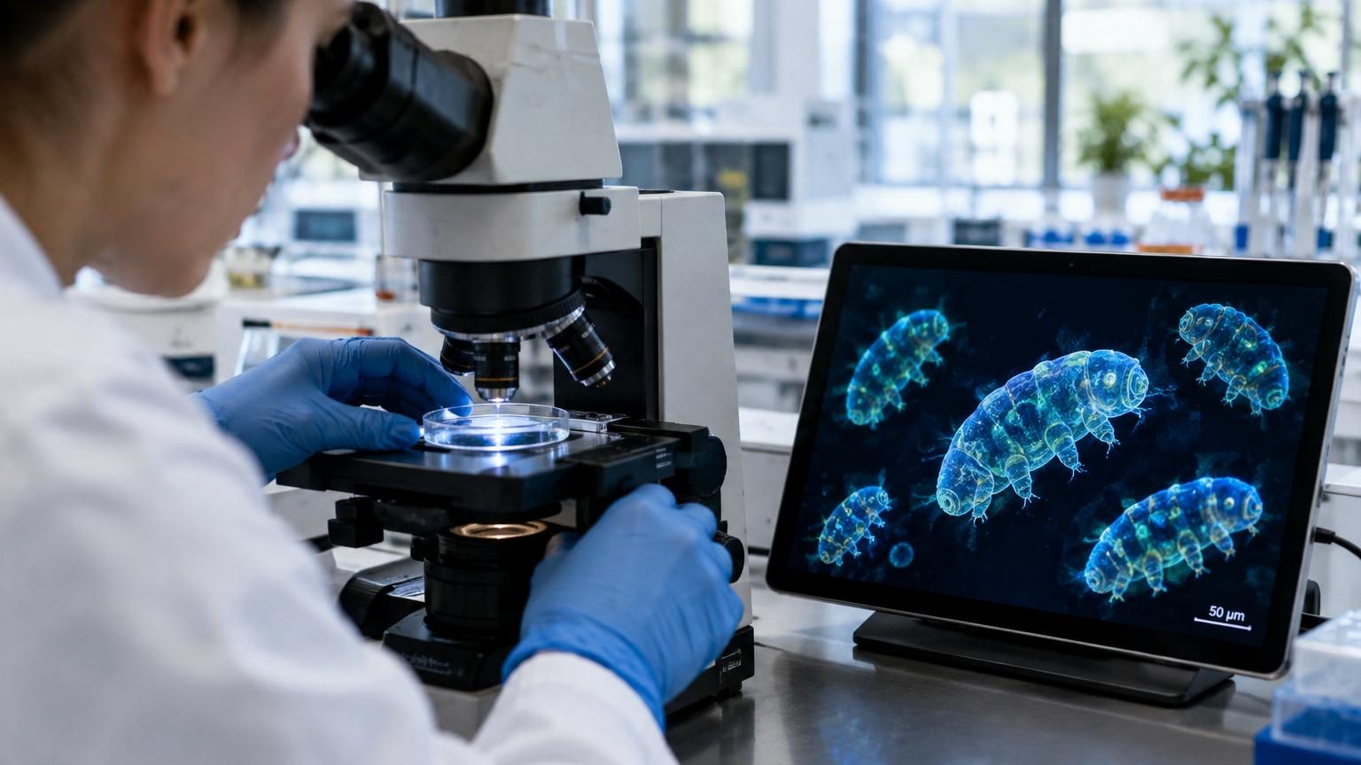 Illustration microscopique d'un tardigrade, petite créature ridée aux pattes trapues, dans une posture repliée en boule représentant l'état de tun.
