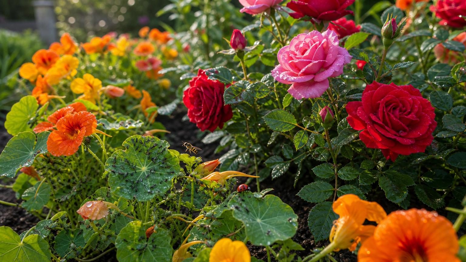 Une bordure de capucines aux fleurs orange vif plantée en périphérie d'un massif de rosiers roses, avec des coccinelles visibles sur les feuilles des plantes pièges.