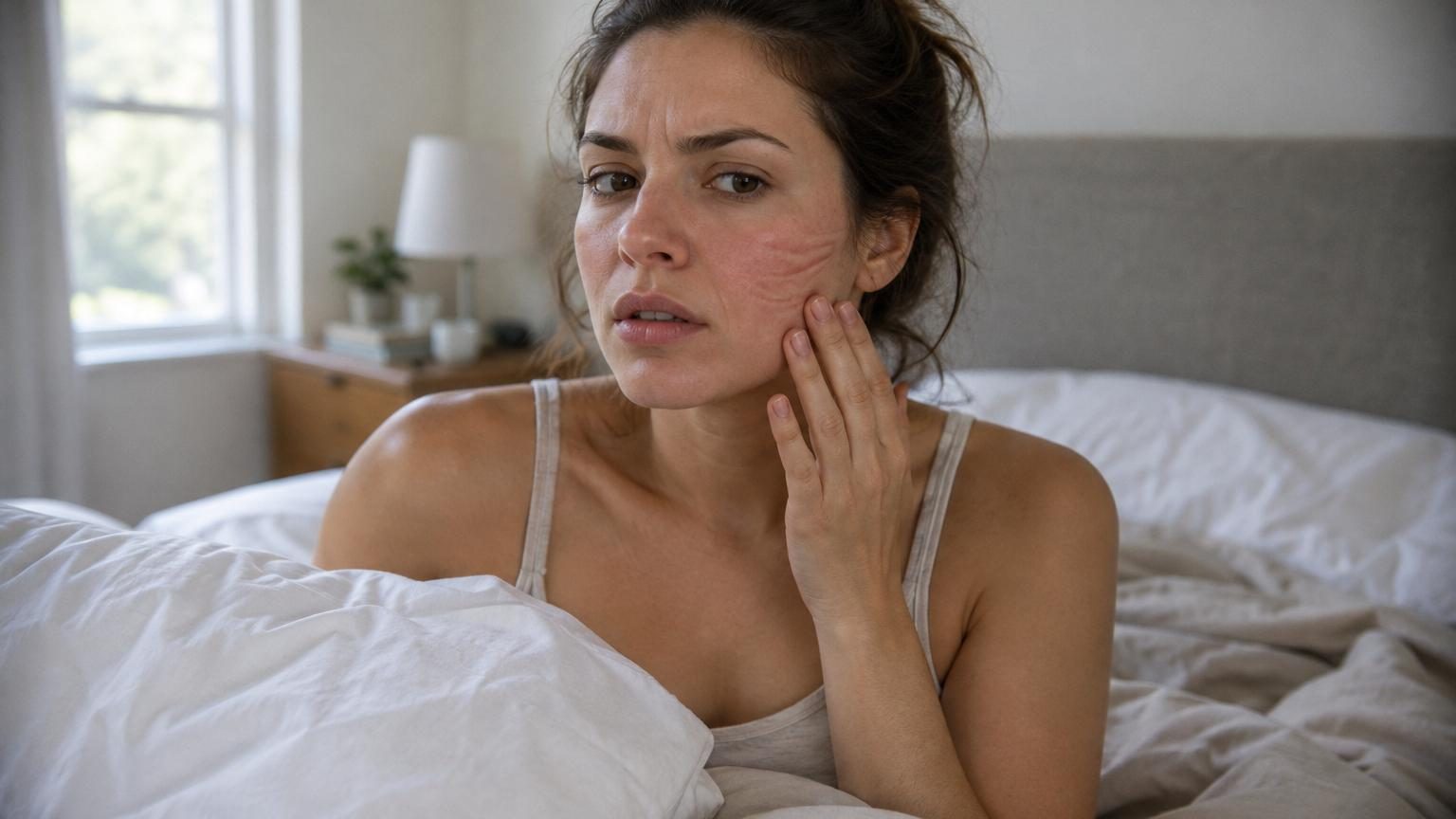 Gros plan sur le visage d'une femme au réveil montrant des marques rouges linéaires sur la joue et le front, traces typiques laissées par le contact prolongé avec l'oreiller pendant la nuit.