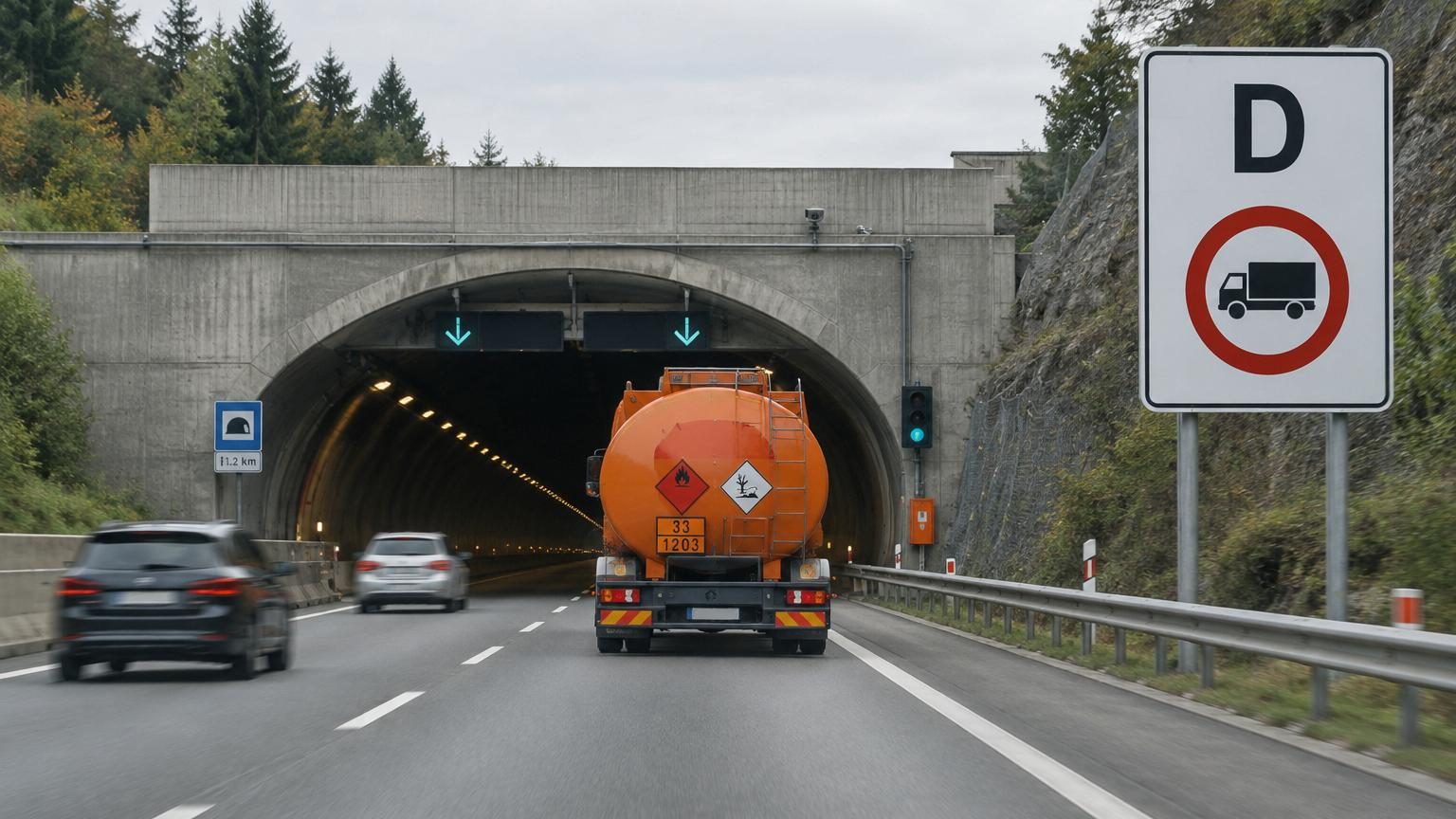 Panneaux routiers blancs avec lettres de restriction de tunnel (B, C, D, E) et pictogramme de camion orange pour signaliser les interdictions de transport de matières dangereuses.