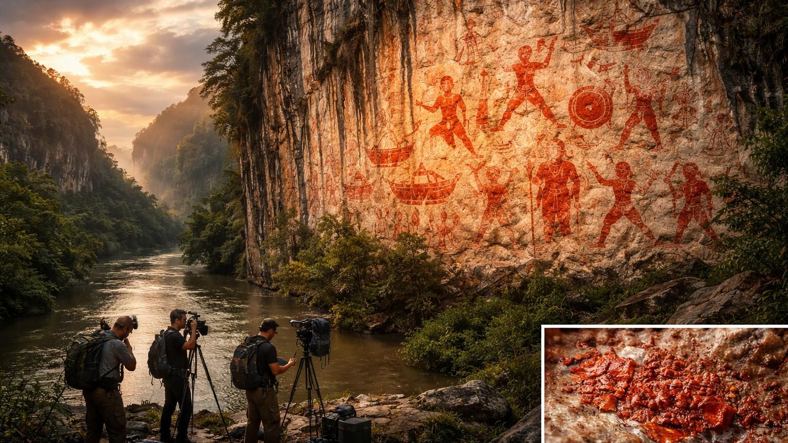 Fresque rupestre rouge sur une paroi calcaire montrant des silhouettes humaines, des animaux, des bateaux et des tambours de bronze, symboles rituels de l'art rupestre ancien de Huashan en Chine.
