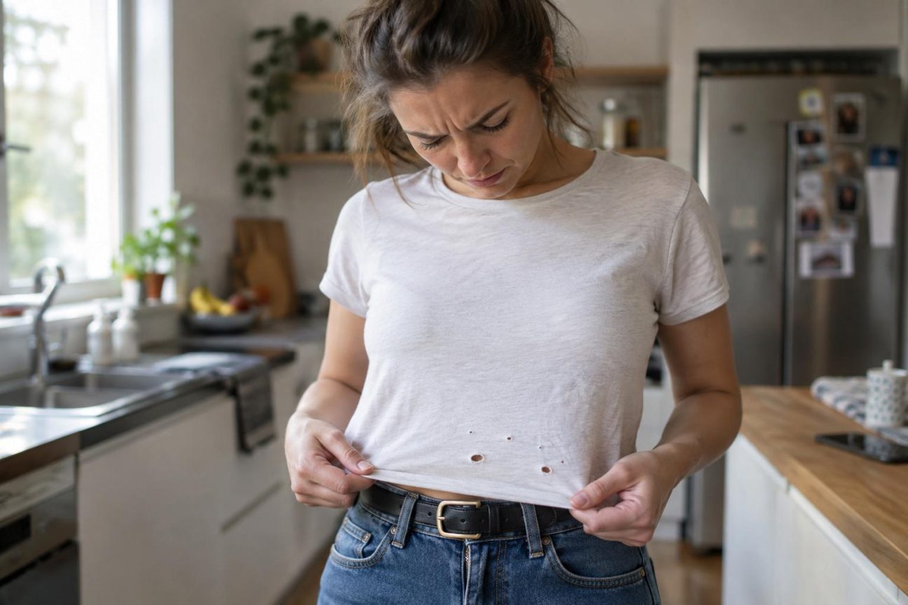 Détail d'un t-shirt blanc montrant un petit trou au niveau du ventre, avec en arrière-plan des boutons de jean et une ceinture métallique