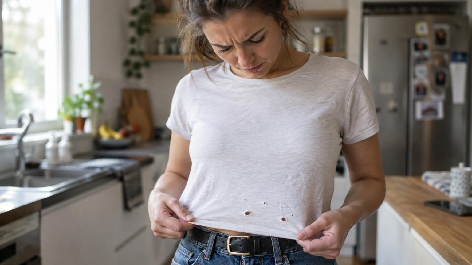 Détail d'un t-shirt blanc montrant un petit trou au niveau du ventre, avec en arrière-plan des boutons de jean et une ceinture métallique